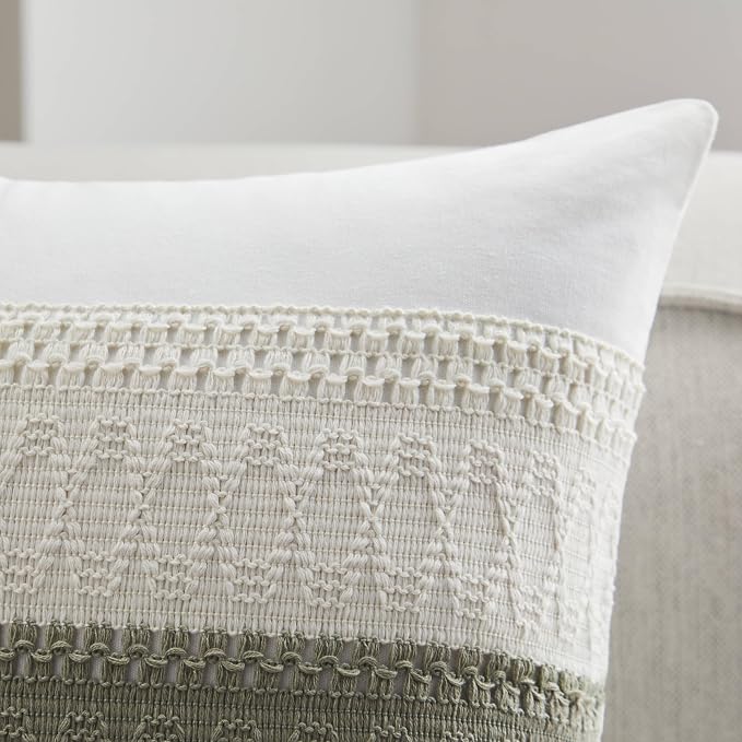2pk Boho Pillow Covers 24x24, Natural White/Contrast/Green | 100% Organic Cotton Body, Stripe Embroidery, Farmhouse Decorative Cushion Covers for Sofa Bed Living Room Home Decor