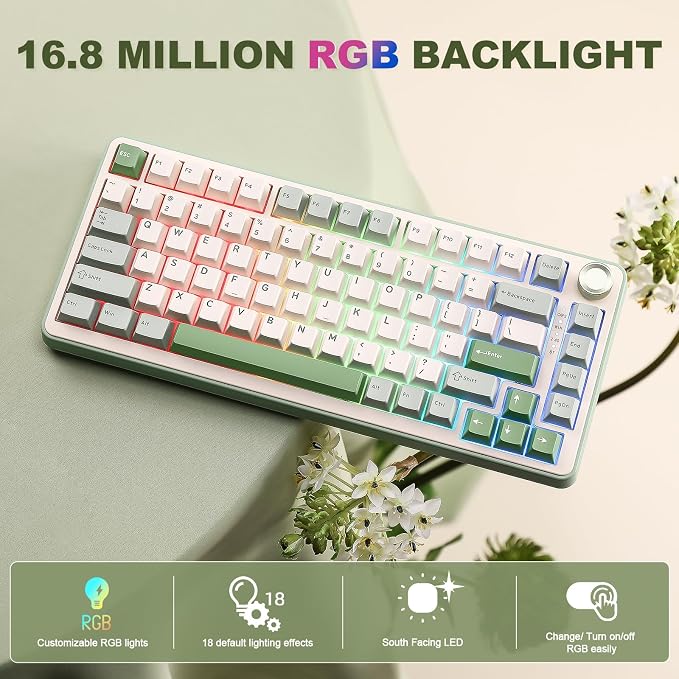 YUNZII B75 PRO 75% Wireless Mechanical Keyboard(Matcha Green,Cocoa V2) | Hot Swap Keyboard with Knob, Gasket Mount, Creamy Pre-lubed Switch for Smooth Typing, BT/USB-C/2.4G, for Gaming