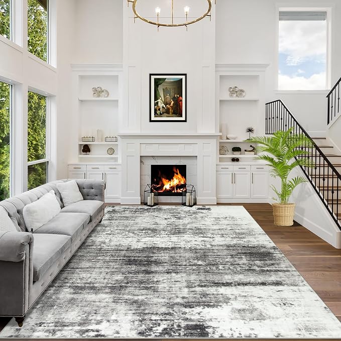 6x9 Area Rugs Washable Rug: Large Modern Abstract Living Room Rug Soft Anti-Skid Thin Carpet Indoor Floor Non-Shedding Carpets for Bedroom Dining Room Farmhouse Nursery Home Office Black Grey