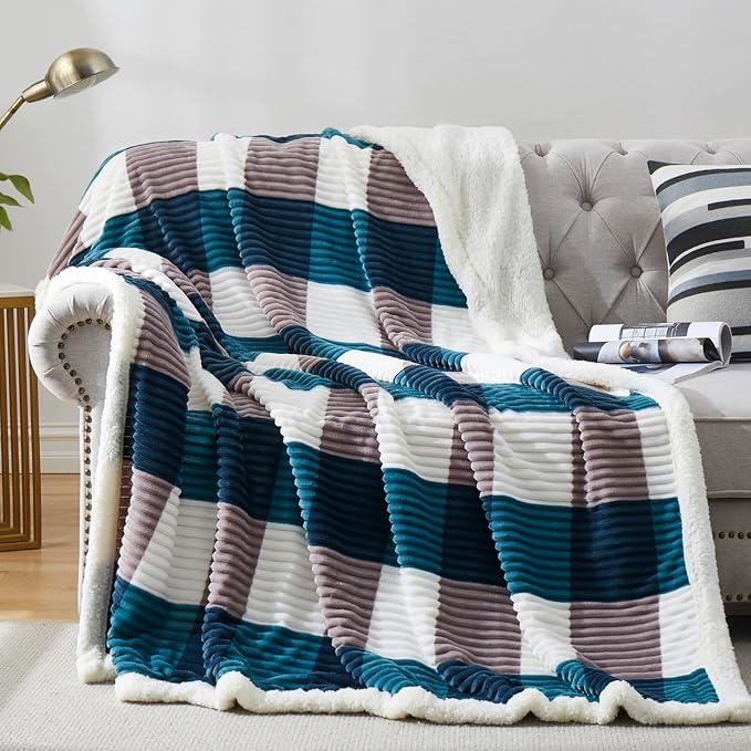 PU MEI Sherpa Blanket Twin Plaid Thick Bed Blanket, 60”*80” Super Soft Flannel Fuzzy Fleece Reversible Velvet Plush Warm Blanket for Couch (Teal Check, 60"*80")