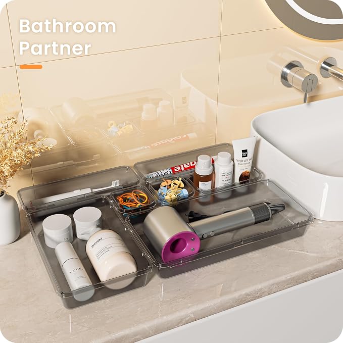 【Military Grade】A-LuGei Drawer Organizer,【】Makeup organizer,【Holds 177 Items】Bathroom Organizers and Storage,Organization and Storage,Desk Drawer Organizer for Vanity【Clear Black】
