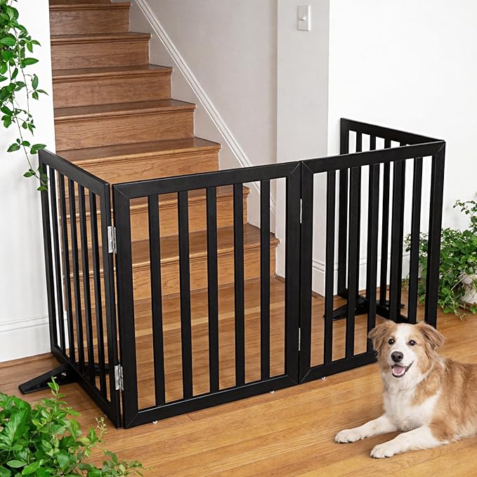 ZJSF Freestanding Indoor Dog Gate for House Foldable Wood Puppy Gate for Doorways Pet Gate for Stairs Extra Wide Pet Fence, Black, 32" Height 3 Panels