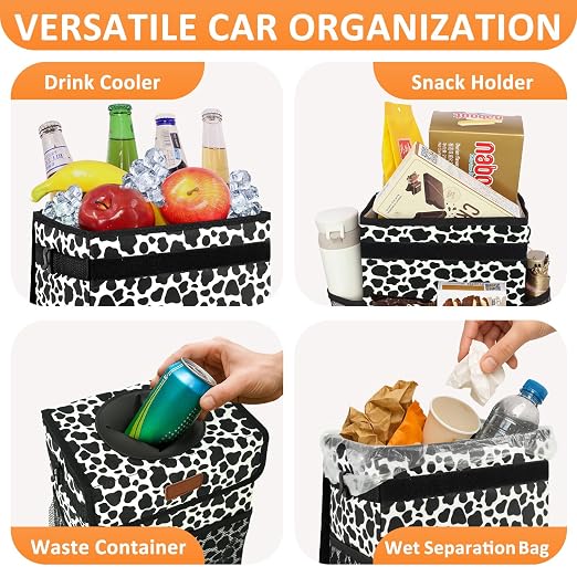 Vankor Car Trash Can for Car Cute,Bag Bin Hanging Waterproof Automotive Garbage Cans Leak Proof Vehicle Trash Can Cow Print
