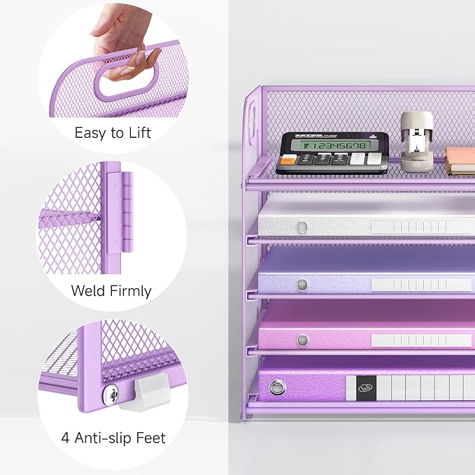 Lavatino Desk Letter Tray Paper Organizer, 5-Tier with Handle Metal Mesh Desktop File Organizer Paper Holder for Classroom Office Desk Accessories- Purple
