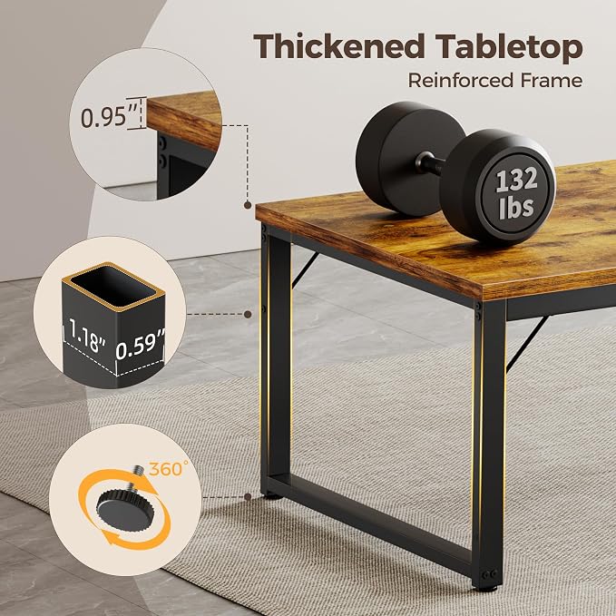 Mericonia 40 Inch Computer Desk, 1" Thick Small Office Table, Brown | Modern Simple Style, Heavy Duty Industrial Frame, Small Study & Writing Table for Home Bedroom Work