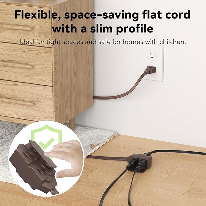 BN-LINK Indoor Extension Cord 6/9/12FT, 2 Prong Extension Cord Brown, 3-Outlet Polarized Flat Cable, 13A/1625W, Perfect for Homes, Offices, and Kitchens, Variety 3-Pack