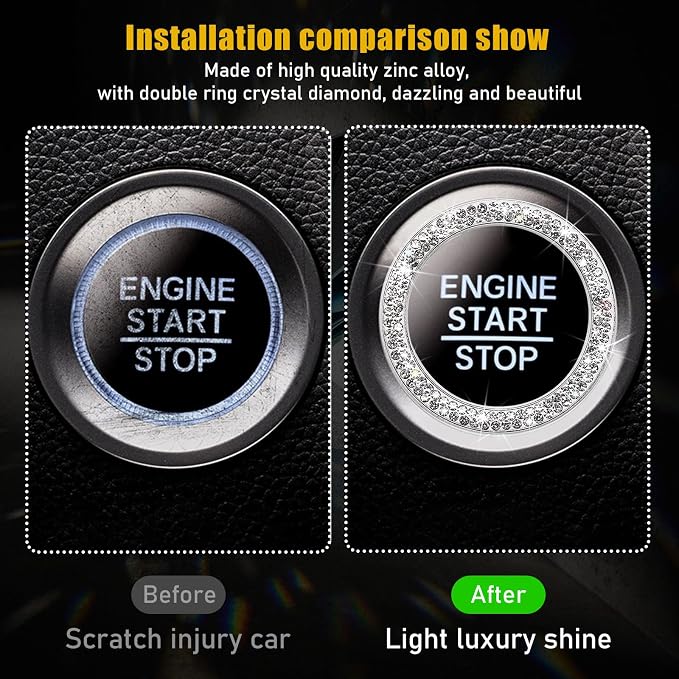 Kewucn Bling Crystal Double Rhinestone Car Engine Start Decoration Ring, Sparkling Push Start Button Sticker, Key Ignition & Knob Ring Decoration, Bling Car Interior Accessory(White)