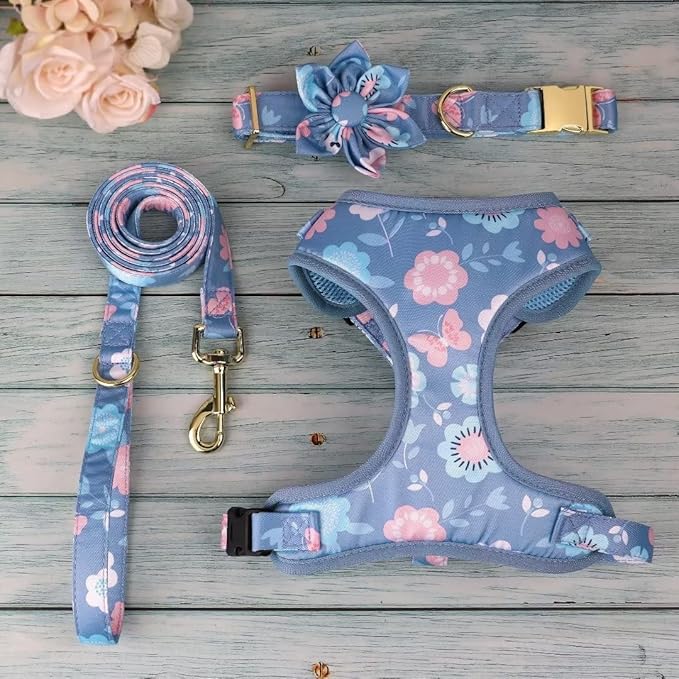 Beirui Cute Girl Dog Collars, Harnesses & Leashes Set - Adjustable Dog Collar and Leash Set with Flower - Soft Mesh Dog Vest Harness for Puppies Small Medium Dogs (Purple,S)