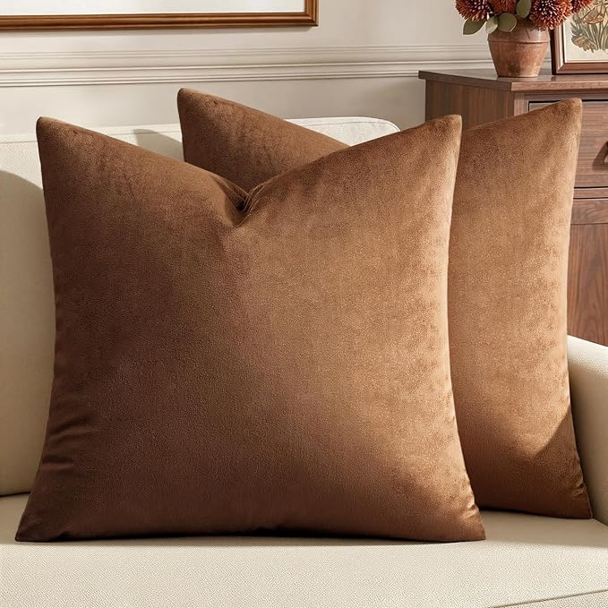 MIULEE 24x24 Inch Pack of 2 Euro Velvet Throw Pillow Covers Chocolate | Soft Solid Decorative Euro Sham, Modern Luxury Home Decor, for King Bed Sofa Couch Bedroom Livingroom