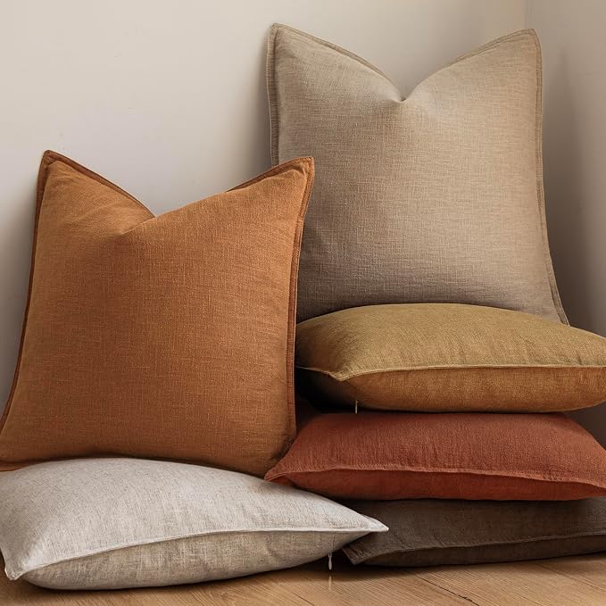 Foindtower Set of 2, Decorative Linen Solid Throw Pillow Covers Soft Accent Cushion Euro Case Boho Farmhouse Pillowcase for Chair Couch Sofa Bedroom Living Room Home Decor 18 x 18 Inch Autumn Orange