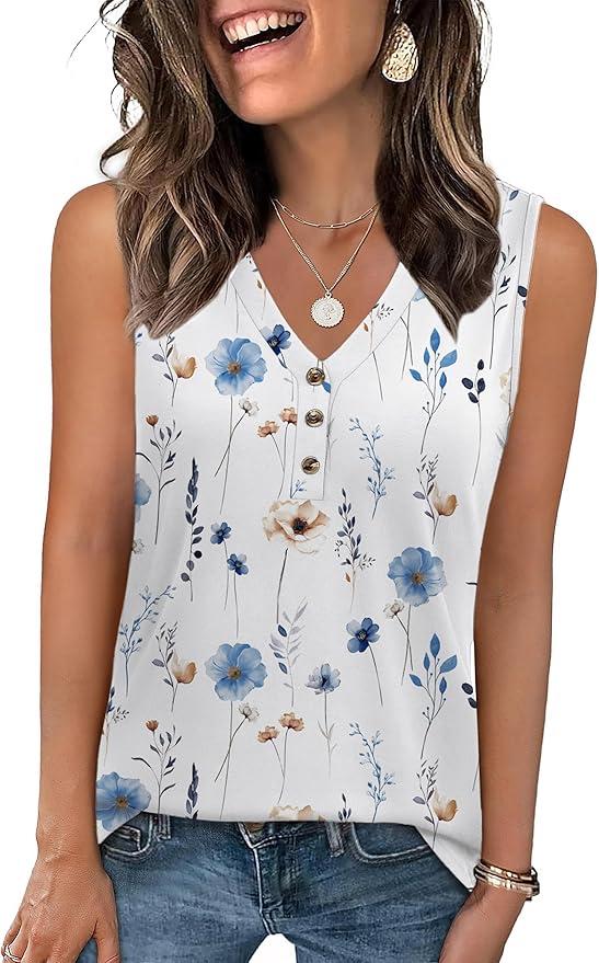 Zeagoo Tank Tops for Women 2026 Summer Top Henley Shirts Dressy Casual Loose Fit V-Neck Button Down Sleeveless Tshirt Blouse