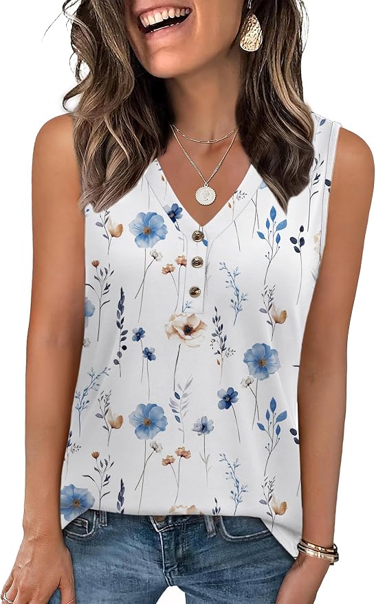 Zeagoo Tank Tops for Women 2026 Summer Top Henley Shirts Dressy Casual Loose Fit V-Neck Button Down Sleeveless Tshirt Blouse