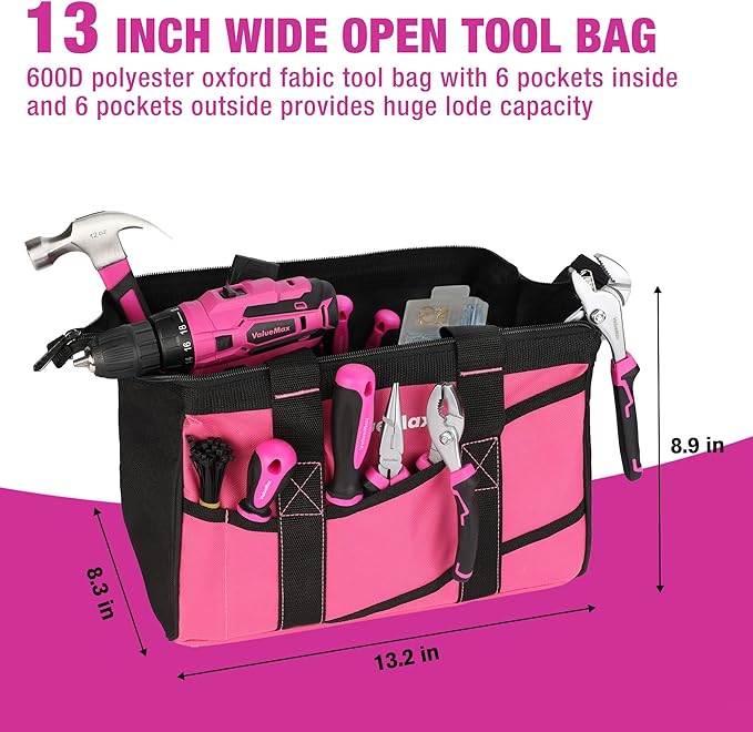 ValueMax Home Tool Kit with Cordless Lithium-ion Drill, 237-Piece Pink Tool Set, Power Tool Set with Wide Mouth Open Storage Bag, Basic Drill Sets Combo Kit for DIY and Daily Repair