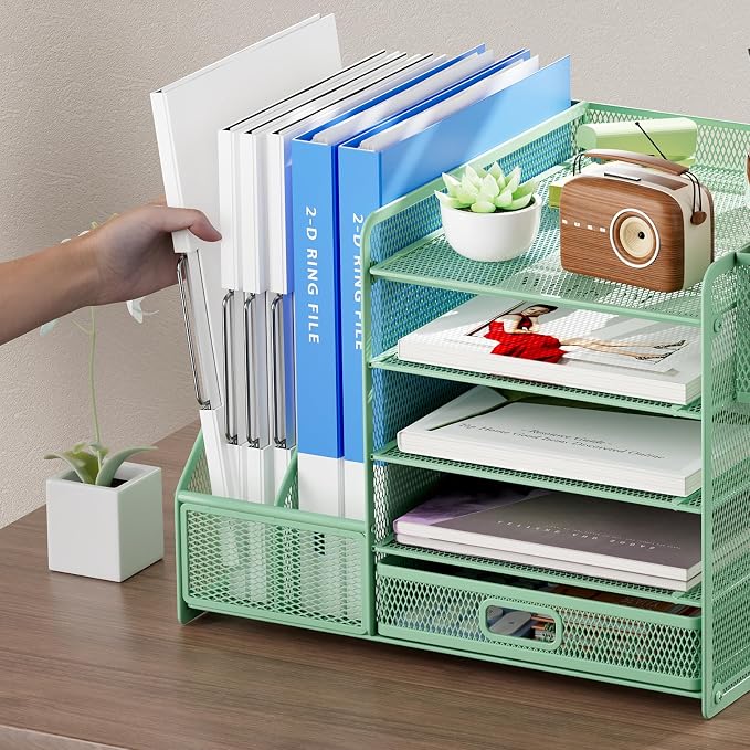 Marbrasse Desk Organizer with File Holder, 5-Tier Paper Letter Tray Organizer with Drawer and 2 Pen Holder, Mesh Desktop Organizer and Storage with Magazine Holder for Office Supplies (Green)