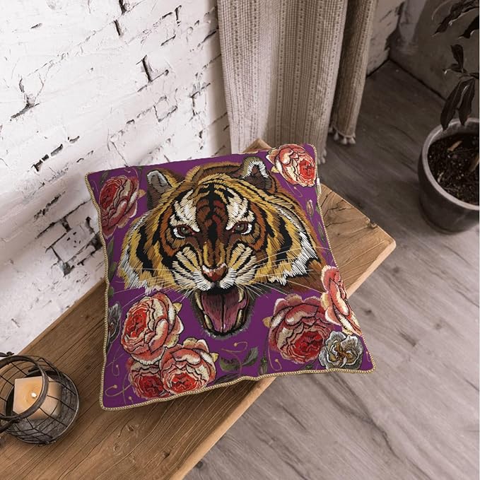 Tiger Flower Purple Velvet Pillow Covers 18x18 Inch Pink Floral Animal Throw Pillows for Couch Cushion Covers Pillowcase Farmhouse Modern Pillow Cases for Sofa Bed Living Room Bedroom