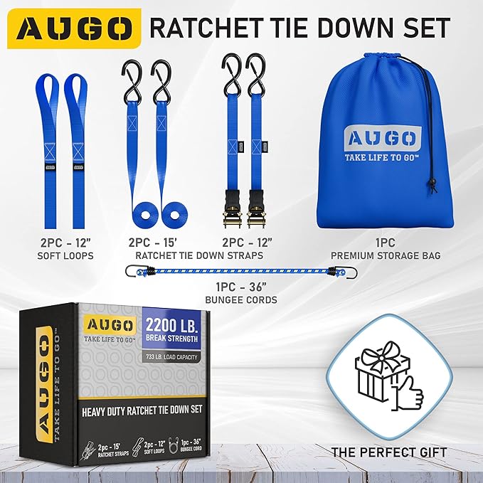 AUGO Ratchet Tie Down Straps -2 PK– 15 FT – 2,200 LB Break Strength – Safety Lock S Hooks –for Moving Cargo, Appliances, Lawn Equipment, Motorcycle – Includes 1 Bungee Cord, 2 Soft Loops, Storage Bag