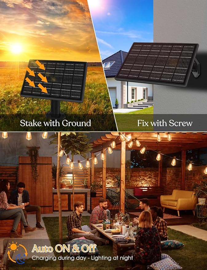 GHUSTAR 150ft Solar Outdoor String Lights with Remote - USB Rechargeable Solar Powered Outdoor Patio Lights - Timer, Dimmable Shatterproof ST38 Bulbs for Backyard, Garden, Pool