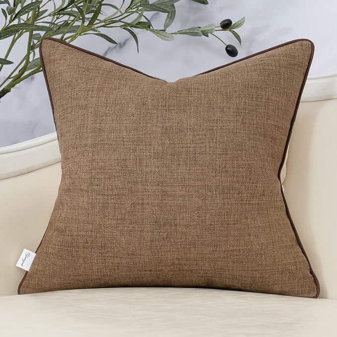 Patchwork Pillow Cover 18x18 Inch Luxury Cotton and Linen Cushion Cover Faux Leather Pillowcover for Couch Bedroom Living Room, Brown