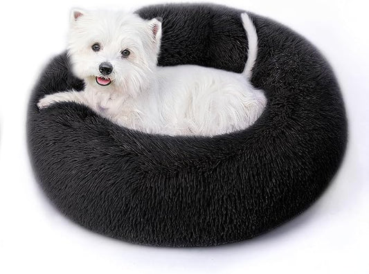 Calming Dog Bed & Cat Bed with Anti-Slip Bottom, Medium Size Washable Anti-Anxiety Donut Dog Beds for Small Dogs & Cats, Fluffy Plush Cozy Round Dogs Bed(24 Inch, Black)