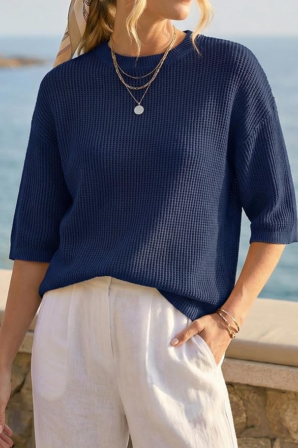 Arach&Cloz Womens Summer 100% Cotton Oversized Crochet Tops 3/4 Length Sleeve Sweater Hollow Out Casual Blouses 2026