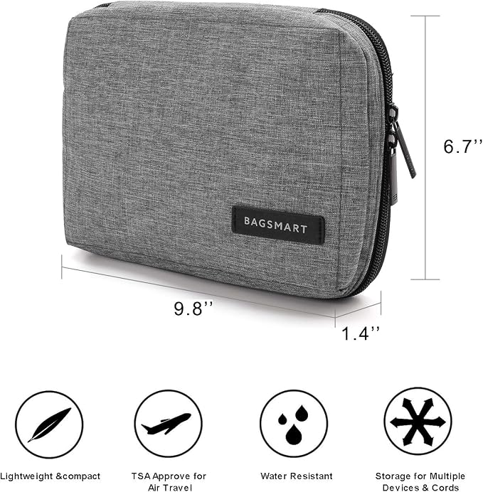 BAGSMART Electronics Organizer Travel Case, Small Cord Bag for Travel Essentials, Tech bag for Men Women, Cable Organizer for Phone, SD Card, Grey