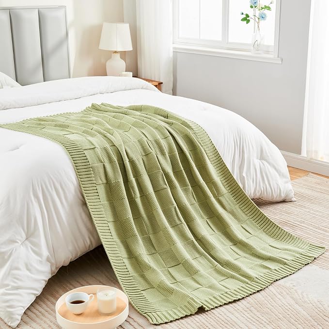 CozeCube Sage Green Knitted Checkered Throw Blanket 60"X80" | Check Knit Throw for Couch, Decorative Christmas Soft Cozy Warm Blanket for Bed Sofa Living Room