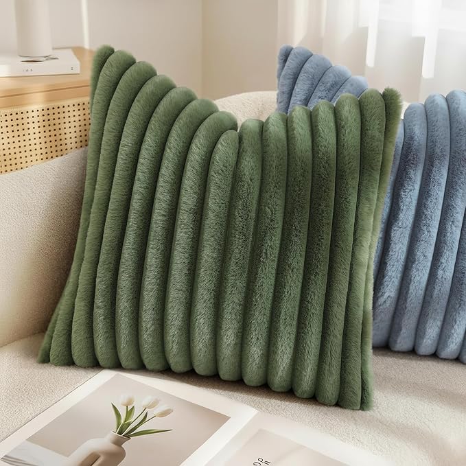 decorUhome Fall Faux Fur Throw Pillow Covers 18x18 Set of 2 Olive Green | Decorative Soft Cozy Striped Plush Modern Farmhouse Boho Couch Pillow Cases Velvet Back for Sofa Bed Living Room Home Decor