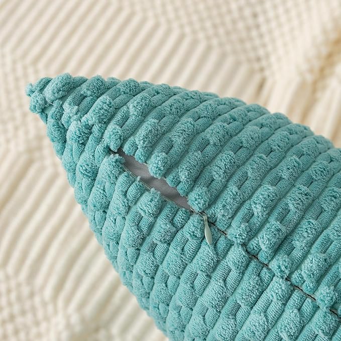 Kevin Textile Soft Corduroy 12"x20" Lumbar Pillow Cover 1 Pack, Aqua Green | Boho Stripe Plush Corduroy Decorative Oblong Cushion Cover Modern Farmhouse Home Decor for Sofa Couch Bed Chair
