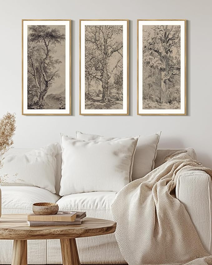 KUVIOKE Large 12x24in Vintage Sketch Trees Drawings Farmhouse Rustic Framed Wall Art for Living Room Bedroom Ready to Hang Natural Framed