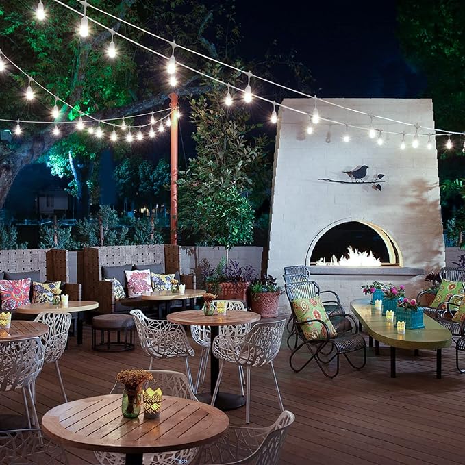 Mlambert 96FT(2x48FT) 3-Color in 1 Dimmable Solar String Lights Outdoor, Remote Patio String Lights with 30+5 LED Bulbs for Pergola Outside-White Cord