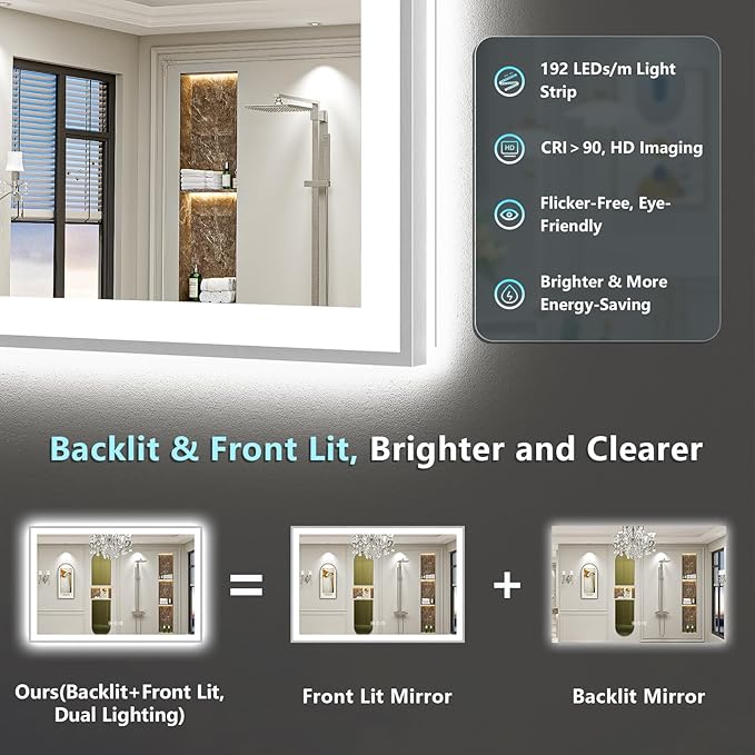 84x32 Brushed Nickel LED Bathroom Mirror with Lights, Sliver Framed Backlit and Front Lit Anti-Fog Lighted Vanity Mirrors for Bathroom Wall, Dimmable, 3 Colors, Memory, Tempered Glass, CRI＞90