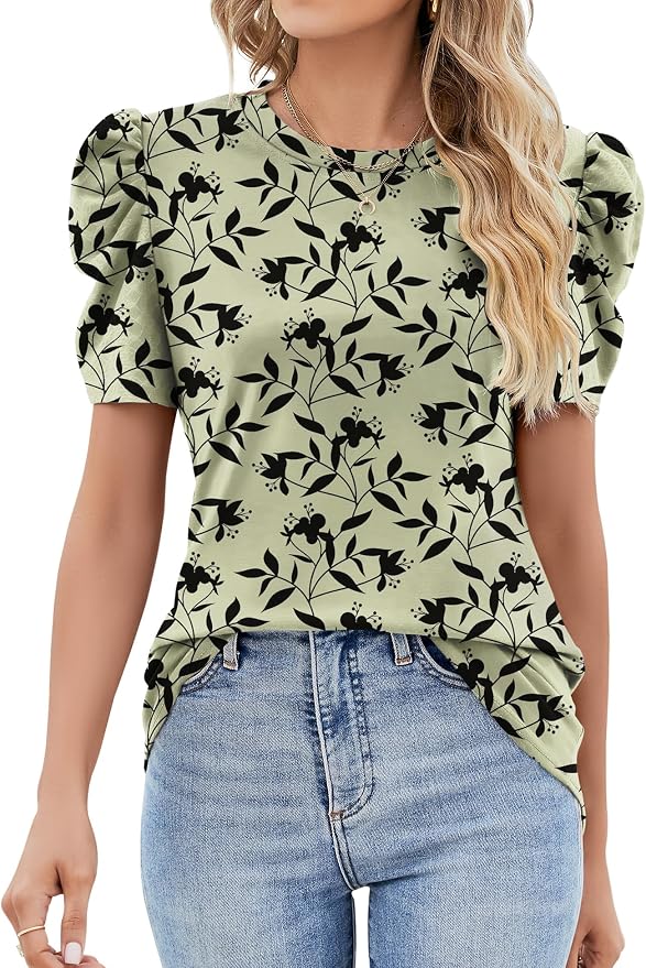 Ivicoer Puff Short Sleeve Shirt for Women Eyelet Tops Summer Crewneck Blouse Loose Fit S-XXL