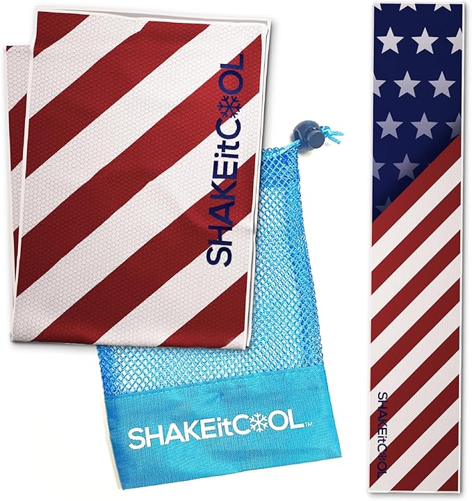 SHAKEitCOOL Original Cooling Towel – Be Cool in Style - Heat Relief, Soft, Lightweight, Sun Protection, Easy Clean - Perfect for Biking, Hiking, Running, Yoga, Golf, Gym, Baseball - Stars & Stripes