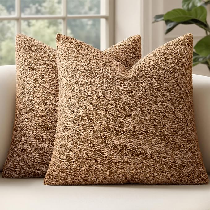 MIULEE 16x16 Decorative Lumbar Boucle Couch Pillow Covers Tobacco | Set of 2 Textured Neutral Fall Autumn Throw Pillow Covers, Accent Solid Pillowcases, Sofa Living Room Home Decor