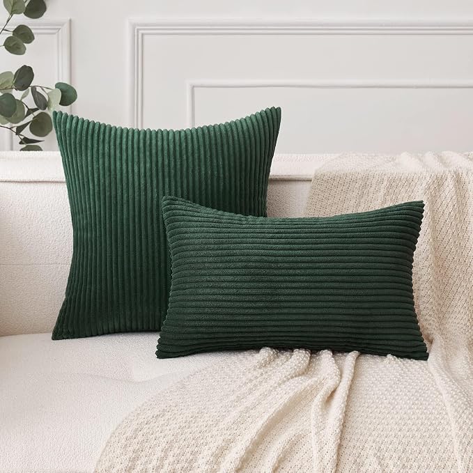 MIULEE Decorative Corduroy Throw Pillow Covers Set of 2 16x16 Army Green | Soft Striped Textured Cushion Cases, Boho Natural Greenery Pillowcases for Home Decor, for Couch Chair Sofa Bed Living Room