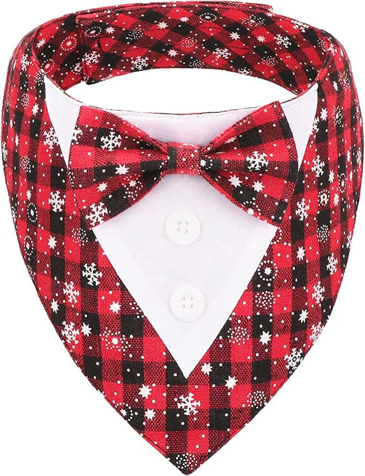 ADOGGYGO Christmas Dog Tuxedo Bandana, Red Plaid Pet Chritstmas Tux with Bowtie Adjustable Christmas Formal Costume for Extra Large Dogs Pets (XL)