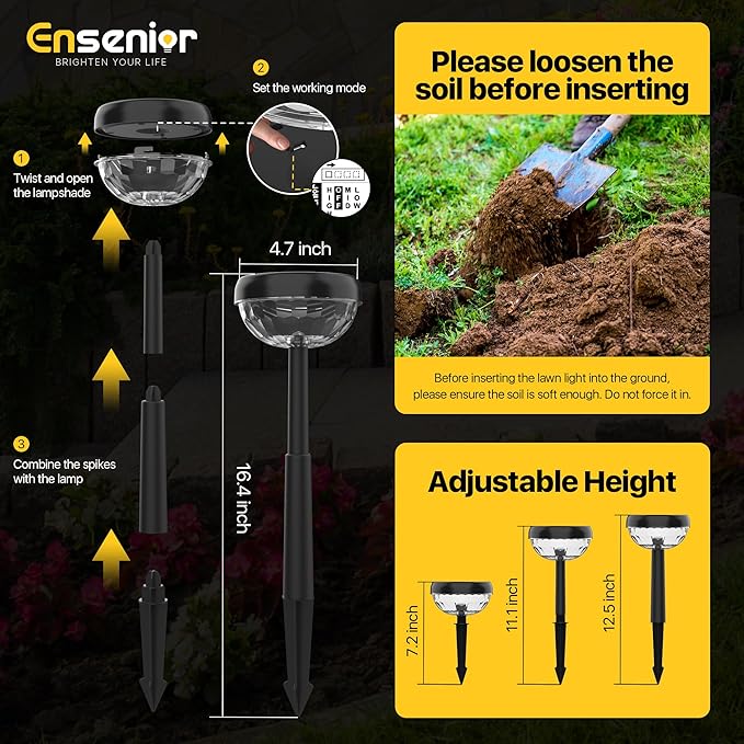 Ensenior Solar Pathway Lights Outdoor, 8-Pack Adjustable Height LED Lights Outdoor Waterproof IP65 for Garden Landscape, Auto On/Off Solar Powered Yard Lights for Walkway (Warm White)