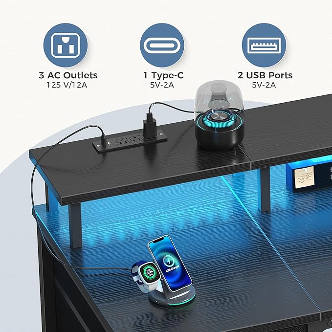 DUMOS 40-Inch Gaming Desk with Power Outlets and LED Lights, Black | Computer Desk with 4 Storage Drawers, Home Office Desk with Monitor Stand, Small Desk for Bedroom Study