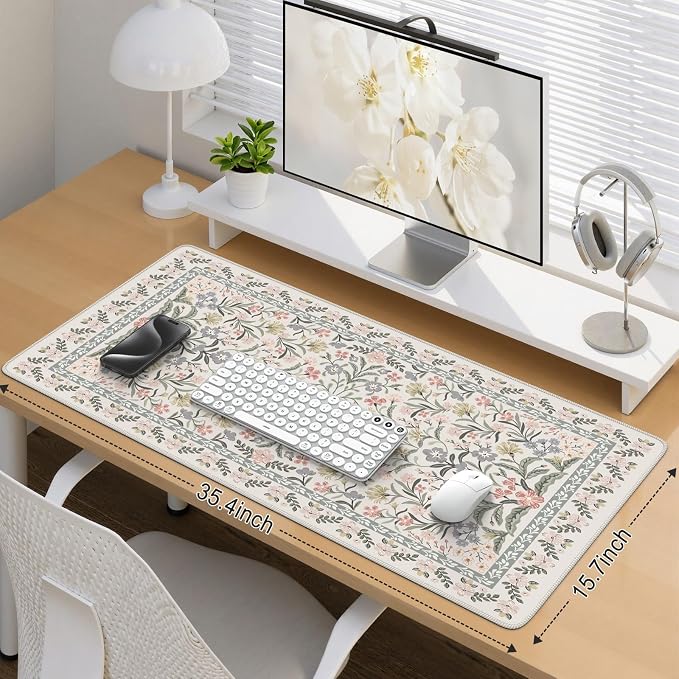 iCasso Desk Mat for Women Desk Accessories, 35.4x15.7in,Cozy Gray Floral | Back to School XXL Large Mouse Pad, Anti-Slip Big Mousepad with Stitched Edges,Smooth Water-Resistant