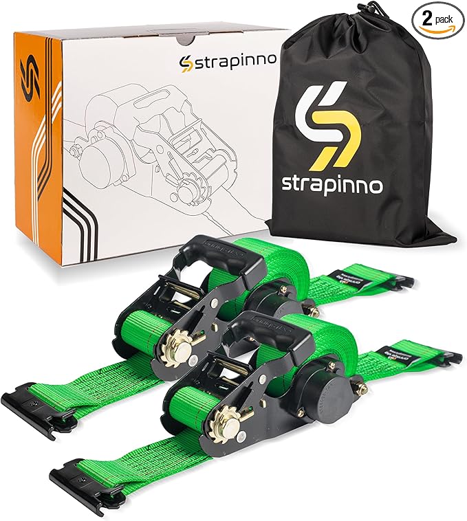 Strapinno E-Track Retractable Ratchet Tie-Down Straps - 2 in x 15 ft Heavy Duty Ratchet Strap with 4,500lbs Breaking Strength for E-Track Rails, Enclosed Trailer & Van (2 PCs)