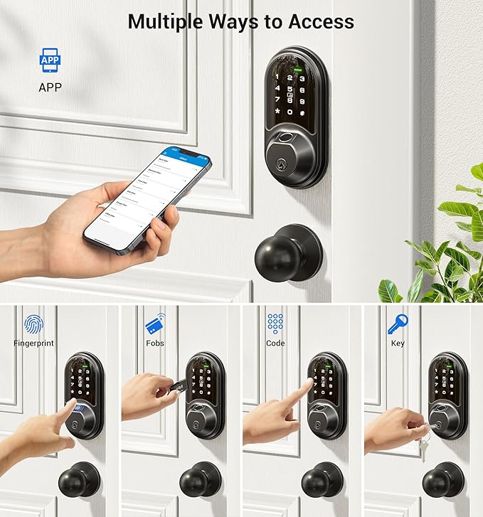 Veise RZ07C Smart Locks for Front Door, 2 Knob Handle Set, Fingerprint Keyless Entry, App Control Biometric Lock, Electronic Digital Touchscreen Keypad Deadbolt, Easy Install, Auto Lock, Matte Black