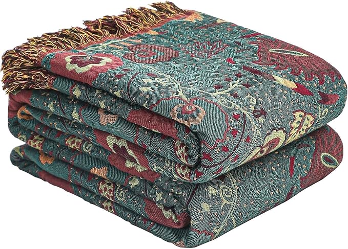Boho Fall Throw Blanket for Bed,100% Ultra Cotton Soft Breathable Bed Throw Floral Printed Farmhouse Decor Rustic Bed Throws for Couch Sofa Quilt 90" x 98"