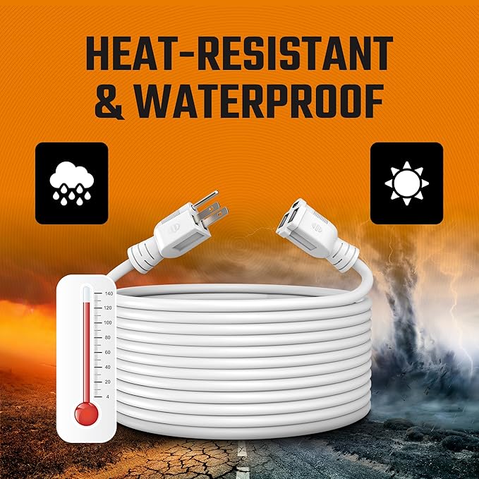 Outdoor Extension Cord Waterproof 10 Ft, White, Indoor, Outdoor Power Cord, Heavy Duty 16/3, Single Outlet, UL Listed, 3-Prong, Grounded Outlet, Extension Wire.