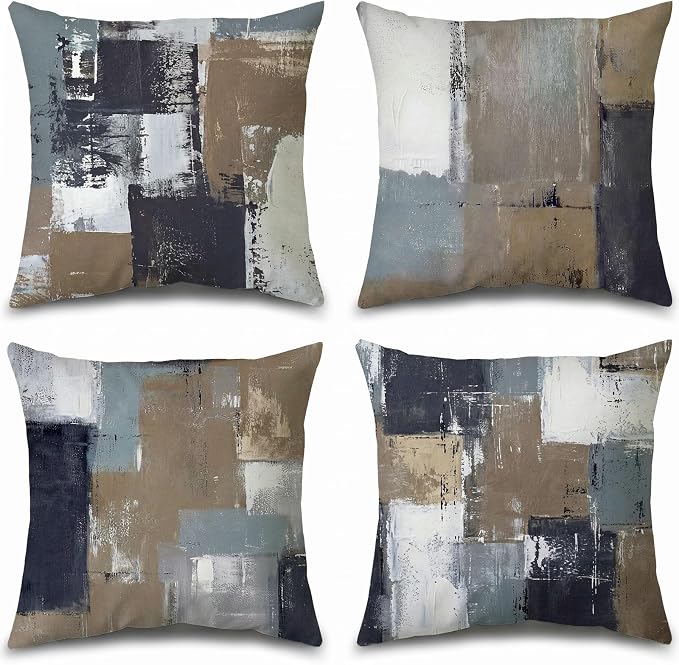 Brown Grey Abstract Throw Pillow Covers 18x18 Set of 4 | Brown, Grey & Taupe Modern‑Art Cushion Cases, neutral aesthetic pillowcases for sofa, bedroom & chair