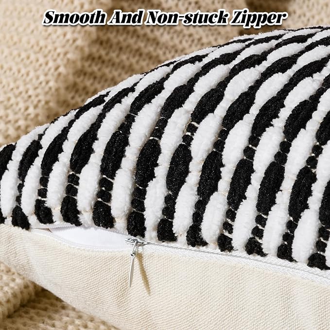 Boho Chenille Pillow Cover Decorative Tufted Pillowcase for Couch Bed Sofa Bedroom Living Room Modern 12 x 20-Inch Black