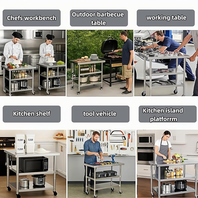 Stainless Steel Table with Wheels for Food Preparation and Work, Multi-Size Optional, Three-Layer Variable Two-Layer Metal Commercial Workbench Outdoor, Restaurant, Kitchen