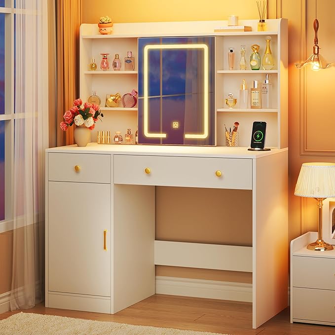 Vanity Desk with Mirror and Lights, 37" Makeup Vanity Desk with LED Lighted Mirror, Power Outlet, White Vanity with Storage Cabinet, 2 Drawers & 6 Shelves for Bedroom