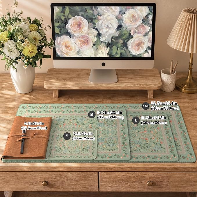 iCasso Aesthetic Floral Desk Mat,31.5x11.8in Mouse Pads,Light Green | Anti-Slip Mousepad with Stitched Edges, Waterproof Computer Pad, Desk Accessories Office Decor for Women