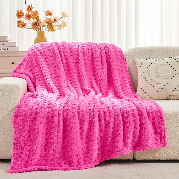 NEWCOSPLAY 3D Waffle Checkered Flannel Twin Blanket, Hot Pink, 60"x80" | Super Soft Cute Lightweight Decorative Premium Silky Fleece Blanket for Couch Sofa Bed, Gift for Women Men, All Season Use
