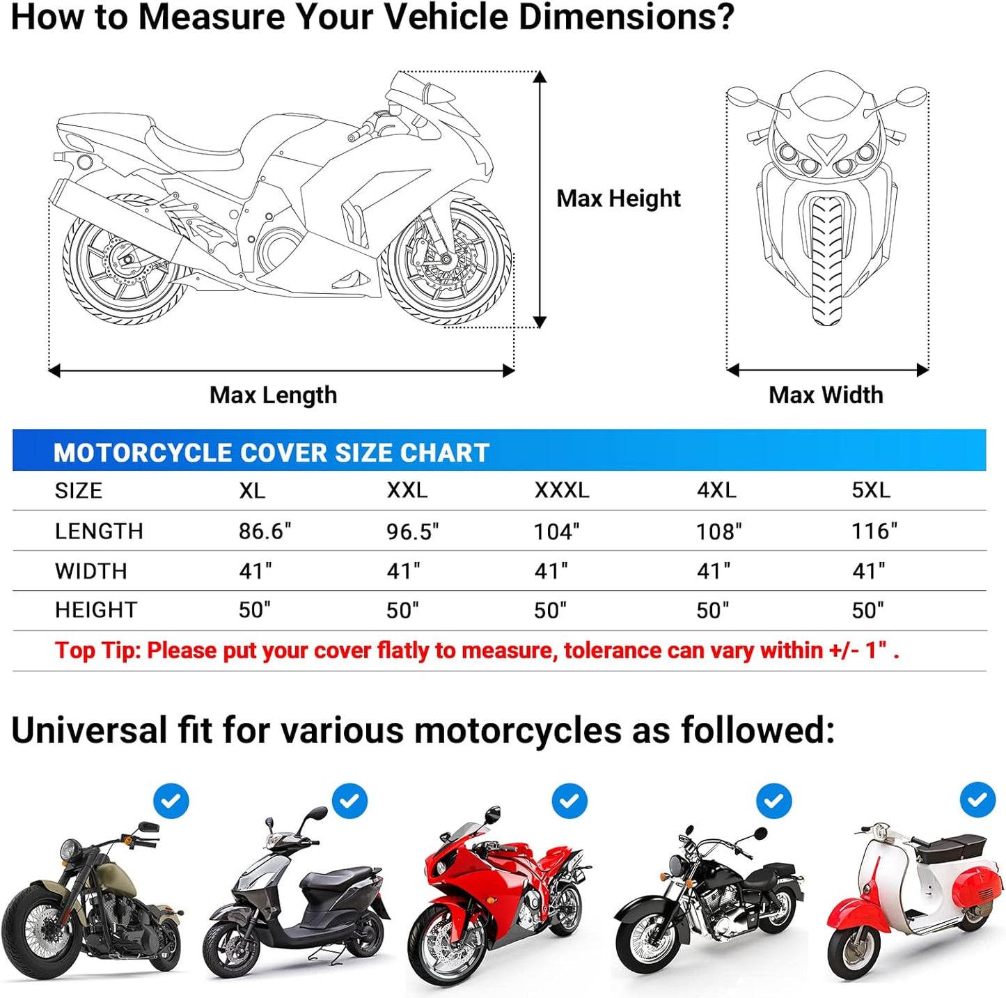 Favoto Motorcycle Cover Reflective 96.5 inches Length All Season Universal Weather Waterproof Sun Outdoor Protection with Lock-Holes & Storage Bag Motorbike Vehicle Cover